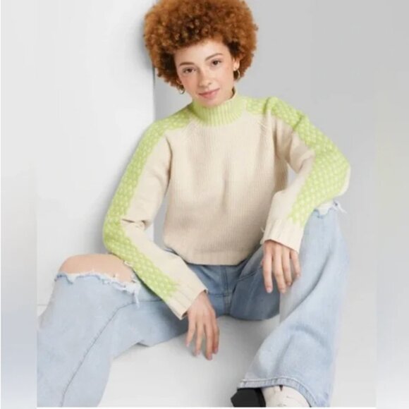 Wild Fable Sweater Mock Turtleneck Boxy Oversize Pullover Cream Neon Size Large - Picture 1 of 11